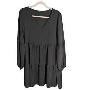 Women Tunic Dress V Neck Casual Loose Flowy Swing Shift Dress - Black size L